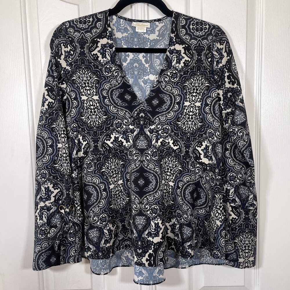Shoshanna Blouse Malone Paisley Blue Black White V-Neck Long Sleeve Size XSmall